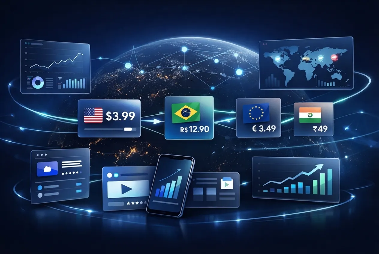 Illustration of the Price Localize pricing workspace across desktop and mobile
